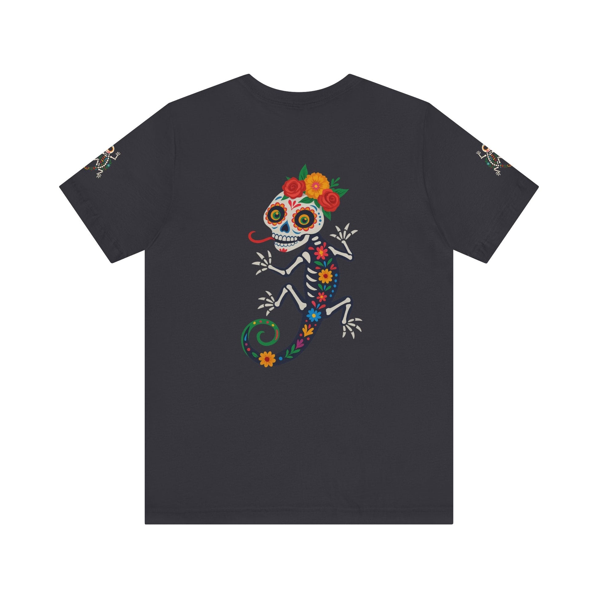 La Lagartija Viva – Sugar Skull Lizard Tee with Day of the Dead Vibes | Unisex Halloween Shirt – Dark Grey T-Shirt for artsy apparel (16 view)