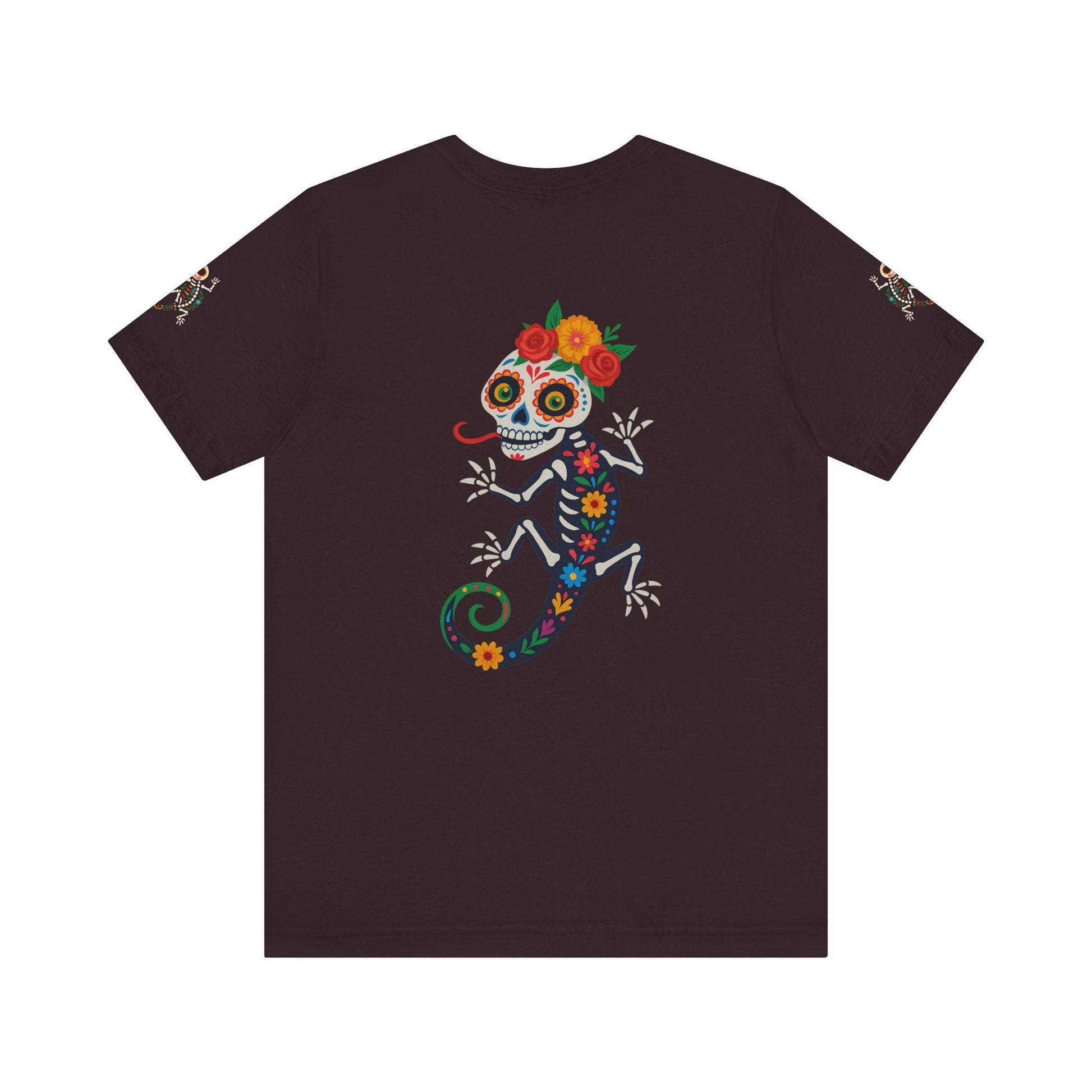 La Lagartija Viva – Sugar Skull Lizard Tee with Day of the Dead Vibes | Unisex Halloween Shirt – Oxblood Black T-Shirt for artsy apparel (72 view)