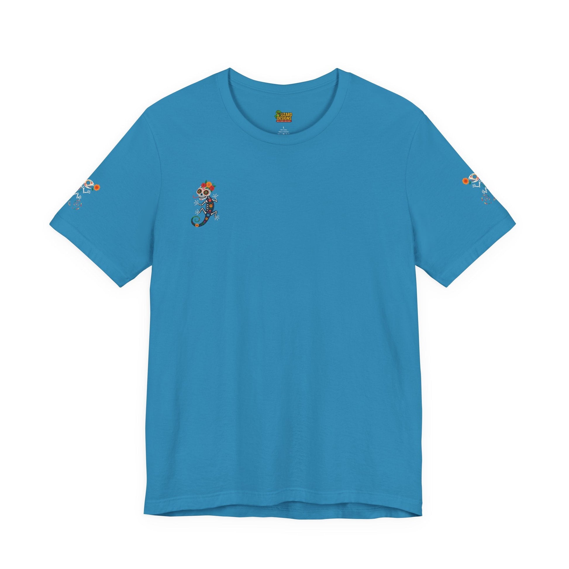 La Lagartija Viva – Sugar Skull Lizard Tee with Day of the Dead Vibes | Unisex Halloween Shirt – Aqua T-Shirt for artsy apparel (24 view)