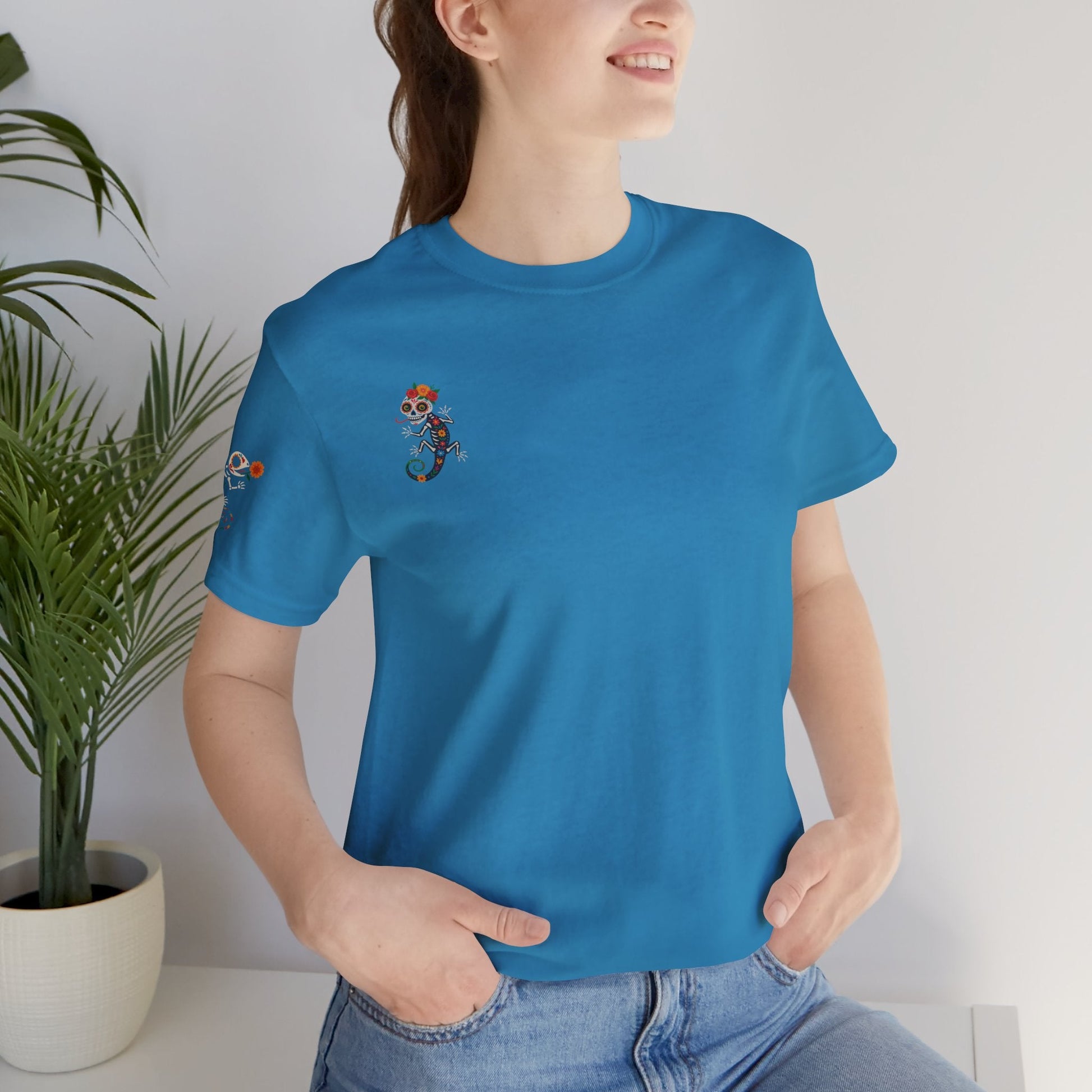 La Lagartija Viva – Sugar Skull Lizard Tee with Day of the Dead Vibes | Unisex Halloween Shirt – Aqua T-Shirt for artsy apparel (28 view)