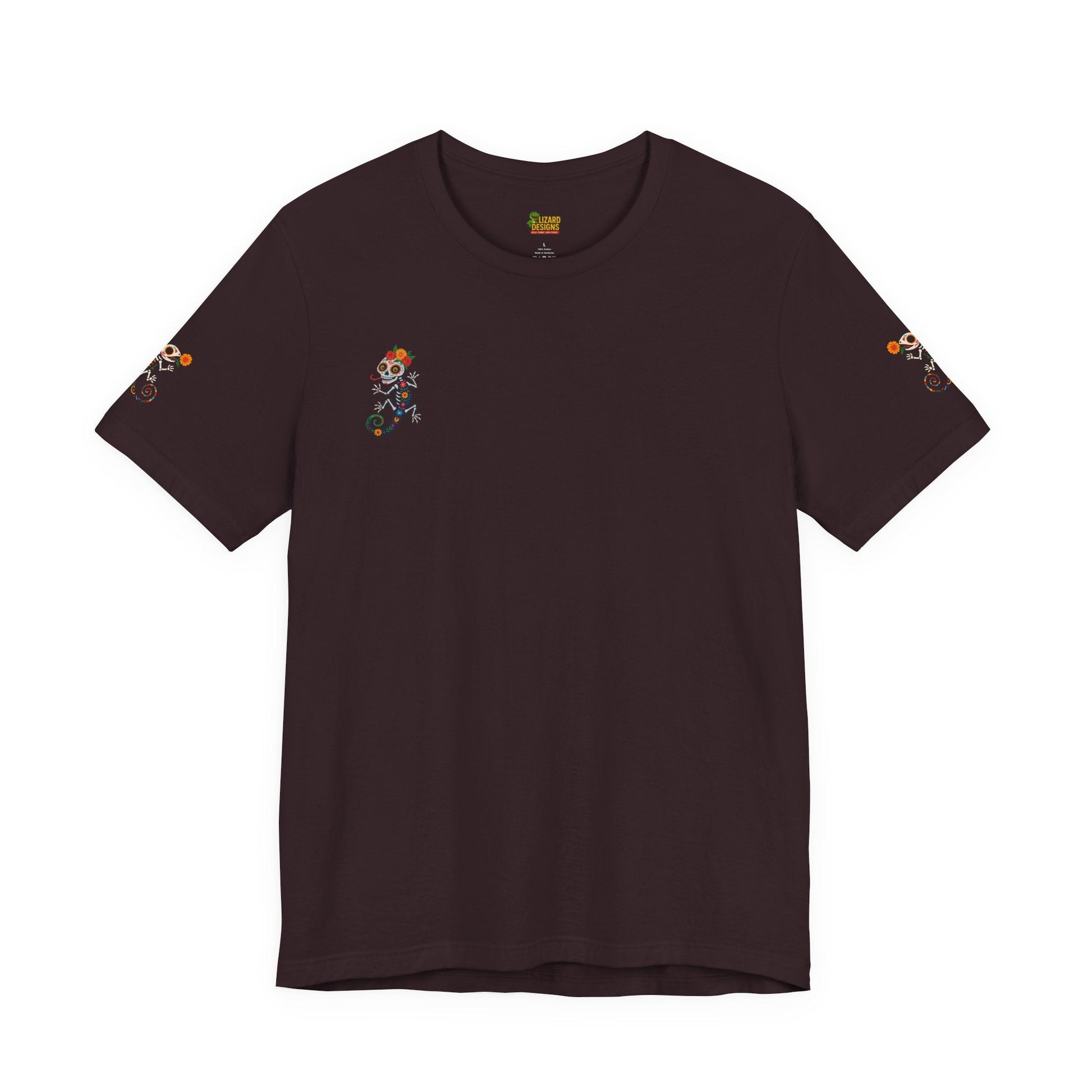 La Lagartija Viva – Sugar Skull Lizard Tee with Day of the Dead Vibes | Unisex Halloween Shirt – Oxblood Black T-Shirt for artsy apparel (73 view)