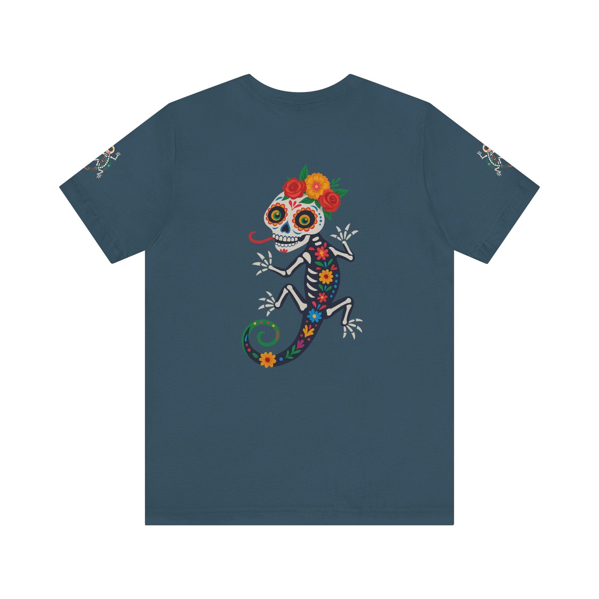 La Lagartija Viva – Sugar Skull Lizard Tee with Day of the Dead Vibes | Unisex Halloween Shirt – Deep Teal T-Shirt for artsy apparel (44 view)