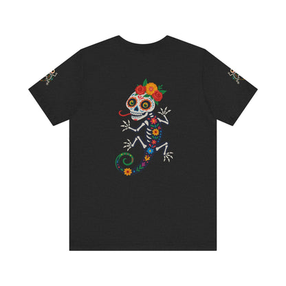 La Lagartija Viva – Sugar Skull Lizard Tee with Day of the Dead Vibes | Unisex Halloween Shirt – Solid Black Blend T-Shirt for artsy apparel (9 view)