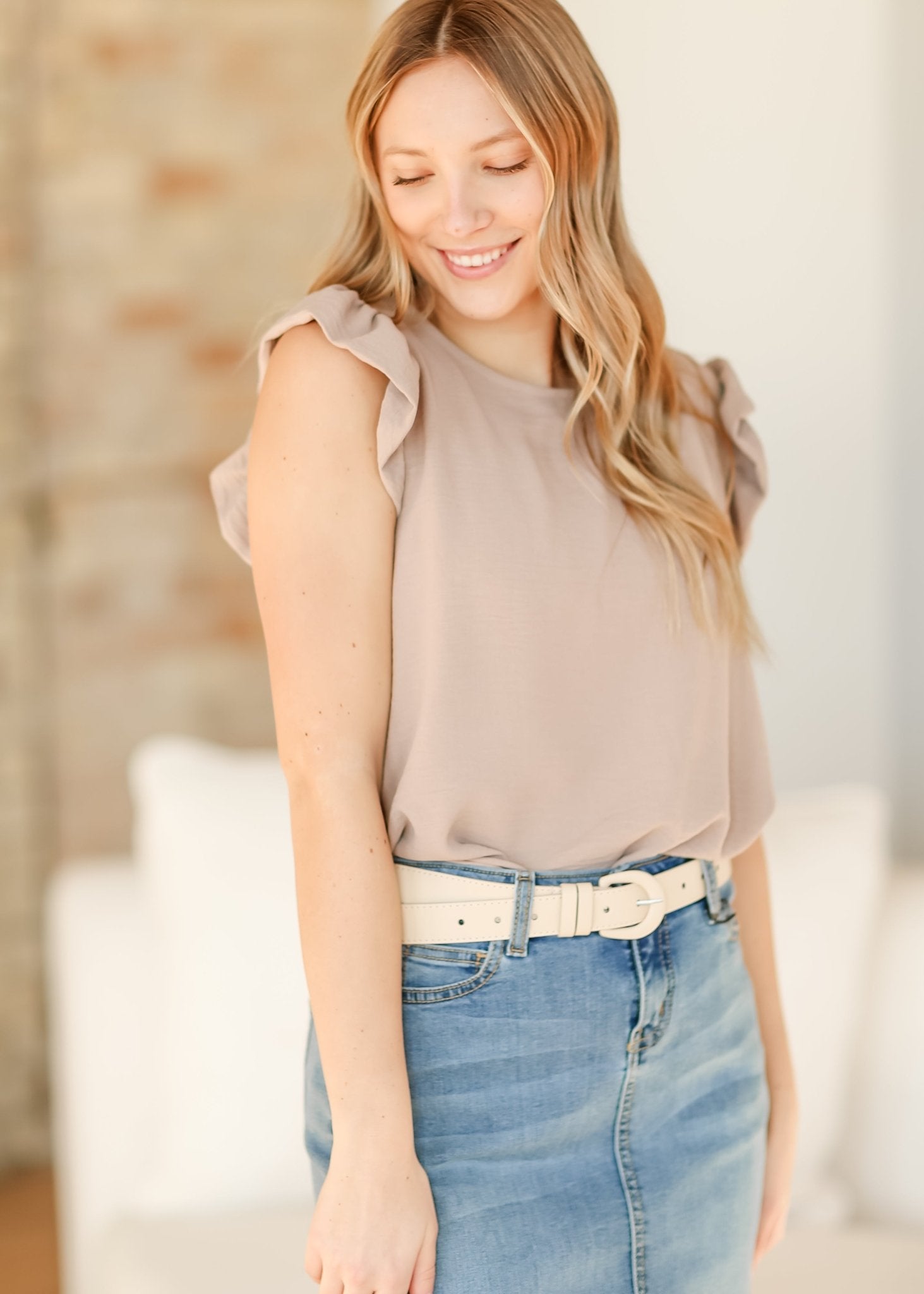 Leanne Ruffle Cap Sleeve Top – Camel IC Tops for glow - up collection (9 view)