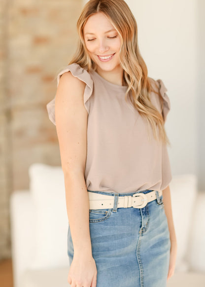 Leanne Ruffle Cap Sleeve Top – Camel IC Tops for glow - up collection (9 view)