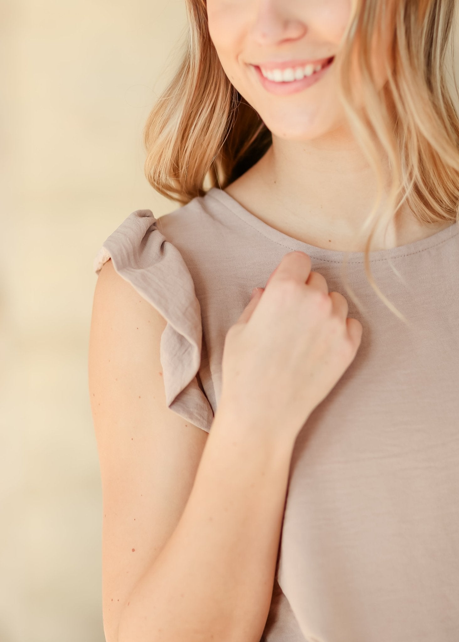 Leanne Ruffle Cap Sleeve Top – Camel IC Tops for glow - up collection (11 view)