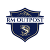RM Outpost logo with a fish and mountain design on a blue background