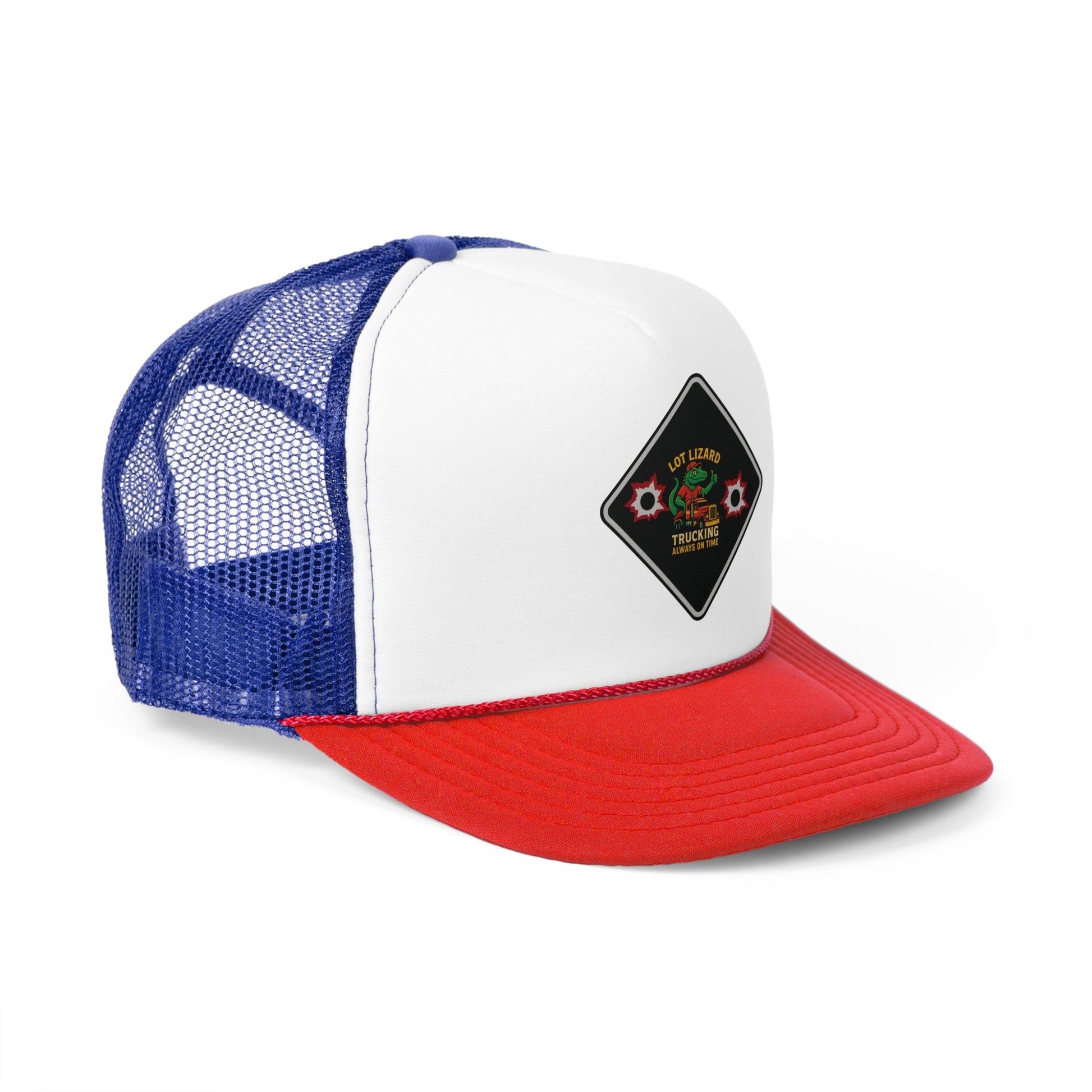 Lot Lizard Trucking Hat – Always on Time Trucker Cap | Bold Funny Road Sign Design for Diesel Junkies & Big Rig Fans – Blue/Red Hats for casual trucker (15 view)