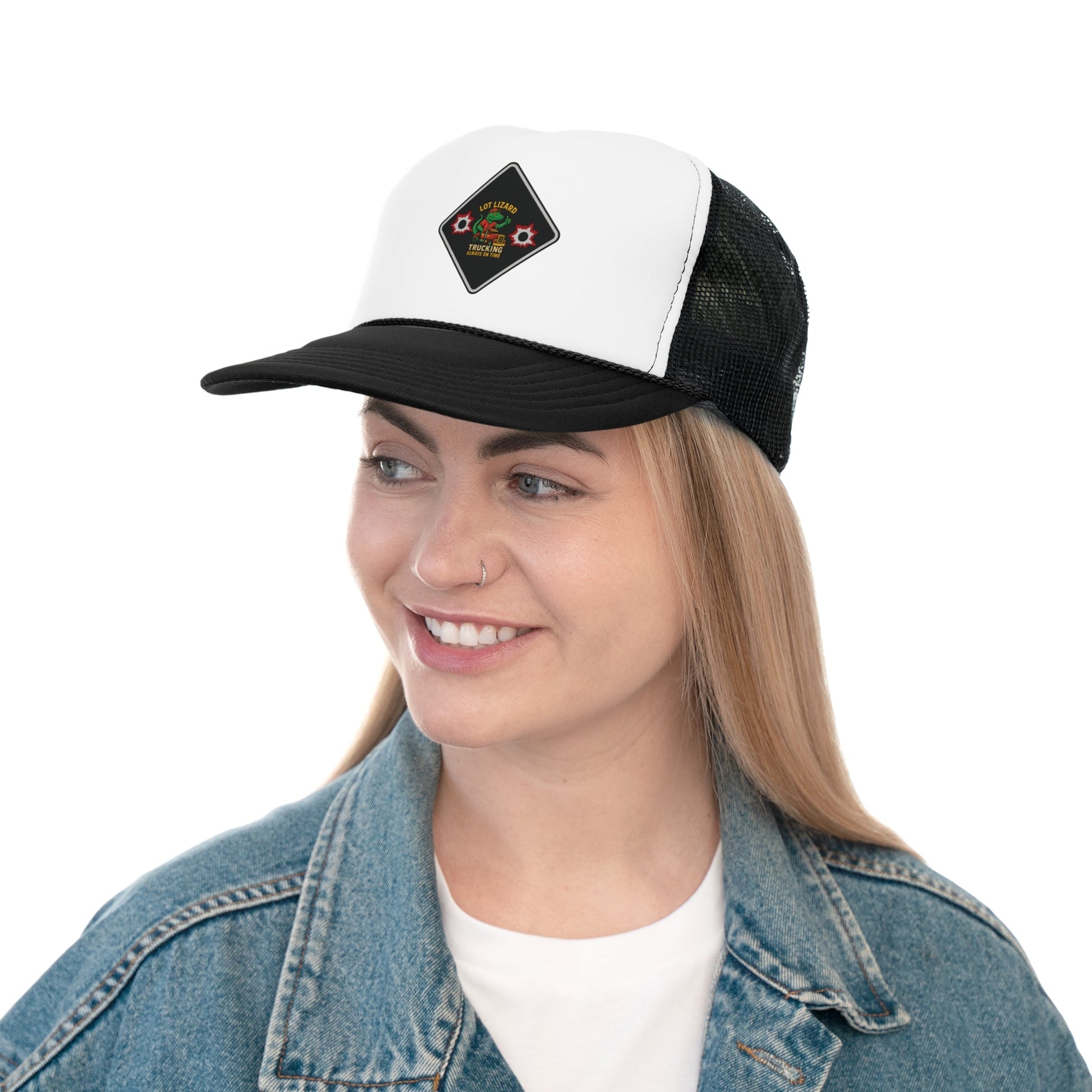 Lot Lizard Trucking Hat – Always on Time Trucker Cap | Bold Funny Road Sign Design for Diesel Junkies & Big Rig Fans – Black Hats for casual trucker (5 view)