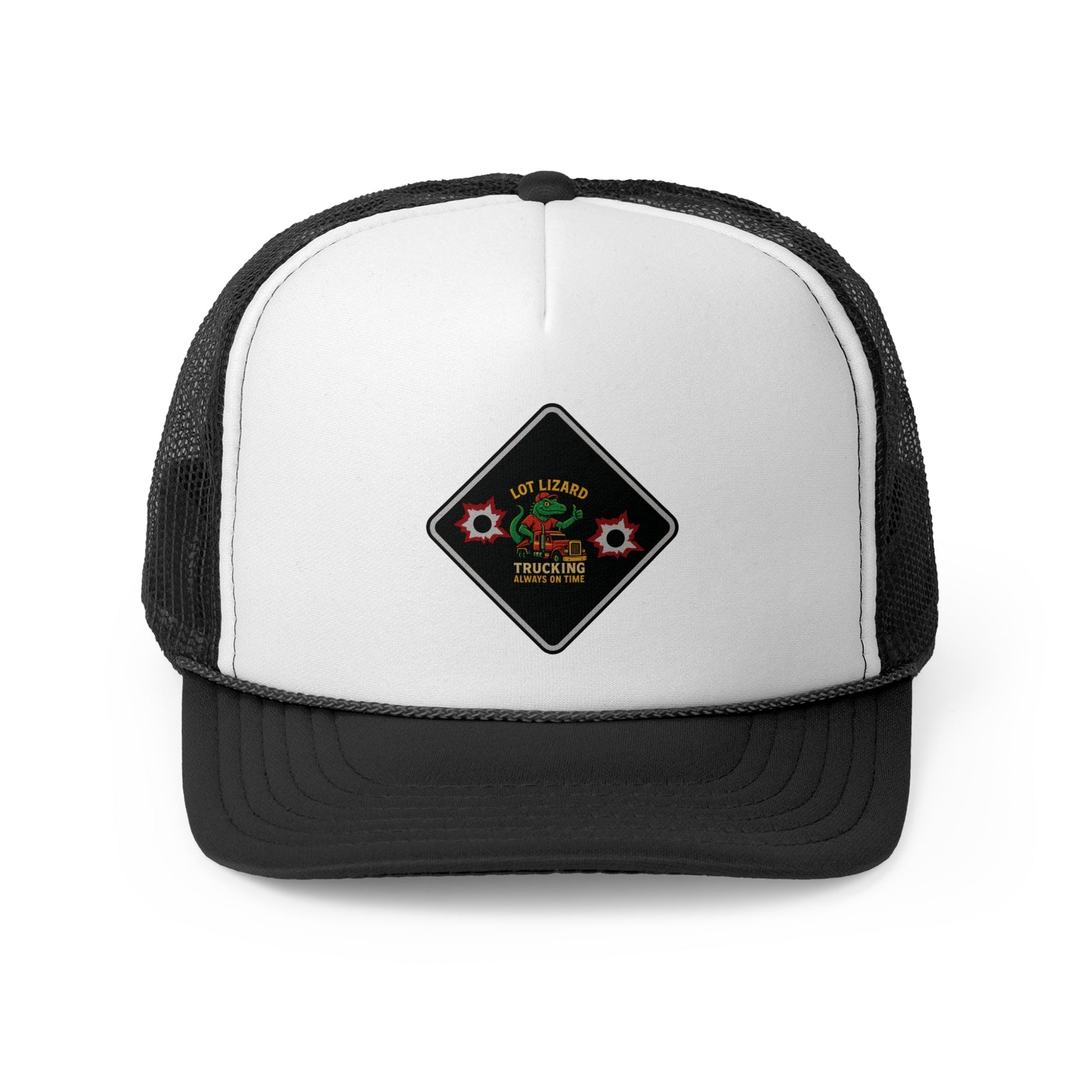 Lot Lizard Trucking Hat – Always on Time Trucker Cap | Bold Funny Road Sign Design for Diesel Junkies & Big Rig Fans – Black Hats for casual trucker (1 view)