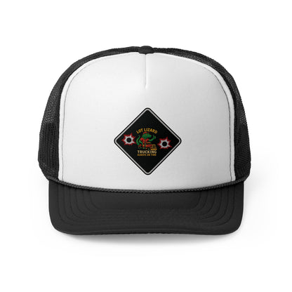 Lot Lizard Trucking Hat – Always on Time Trucker Cap | Bold Funny Road Sign Design for Diesel Junkies & Big Rig Fans – Black Hats for casual trucker (1 view)