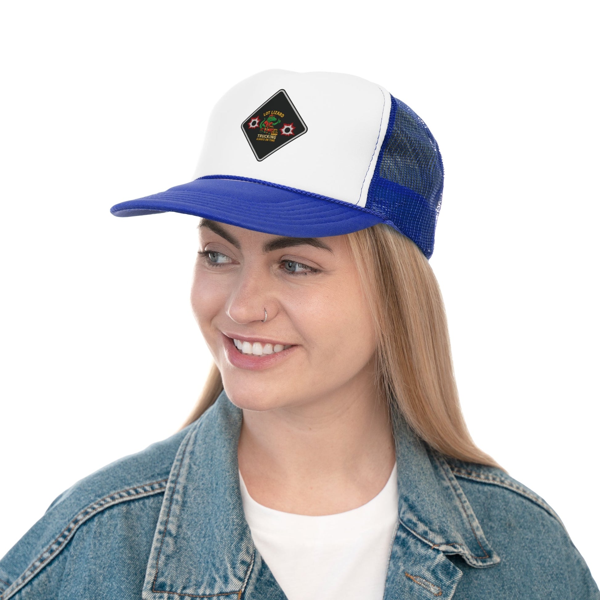 Lot Lizard Trucking Hat – “Always on Time” Trucker Cap | Bold Funny Road Sign Design for Diesel Junkies & Big Rig Fans – Royal Hats by Printify