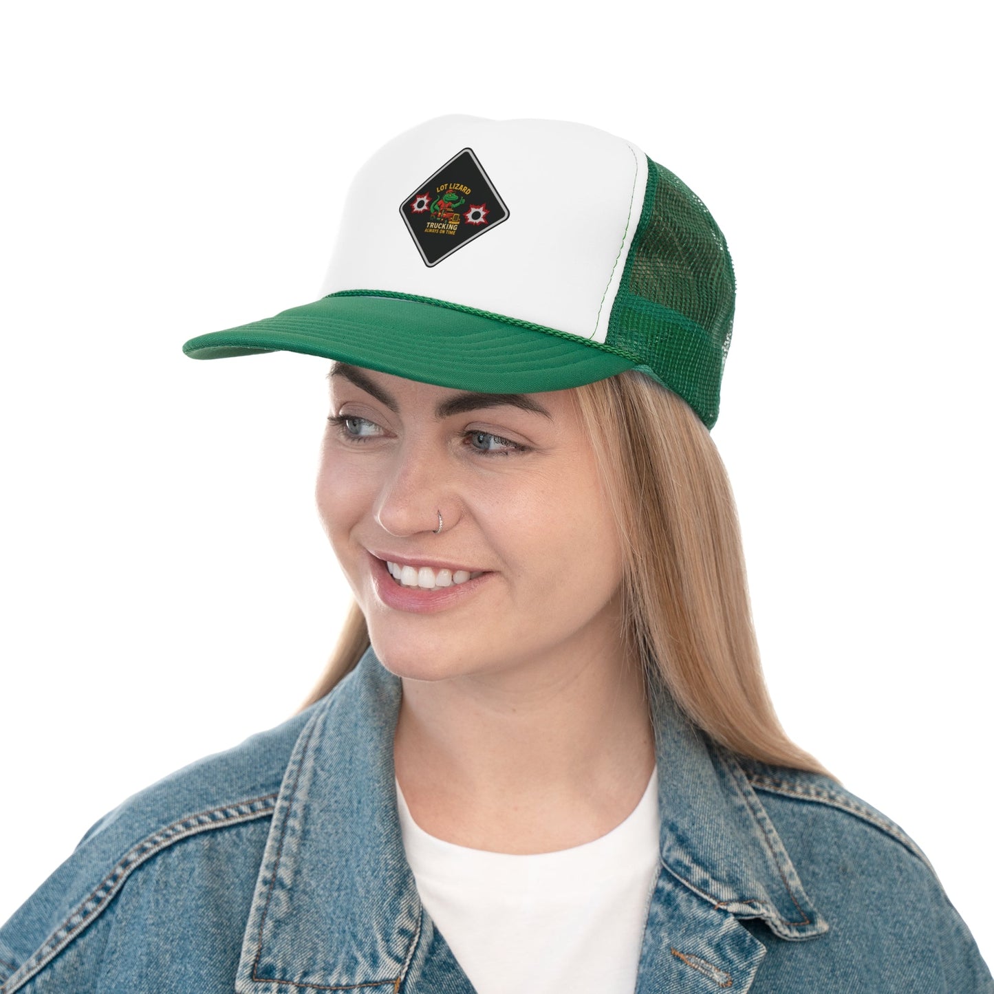 Lot Lizard Trucking Hat – Always on Time Trucker Cap | Bold Funny Road Sign Design for Diesel Junkies & Big Rig Fans – Green Hats for casual trucker (9 view)