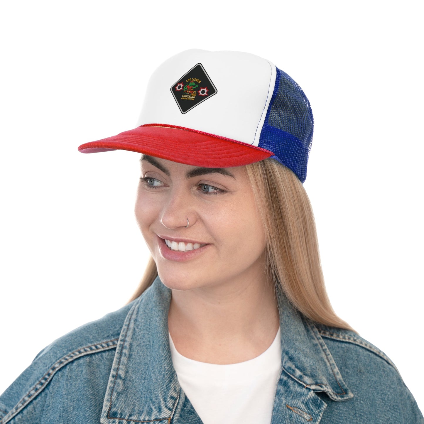 Lot Lizard Trucking Hat – Always on Time Trucker Cap | Bold Funny Road Sign Design for Diesel Junkies & Big Rig Fans – Blue/Red Hats for casual trucker (17 view)