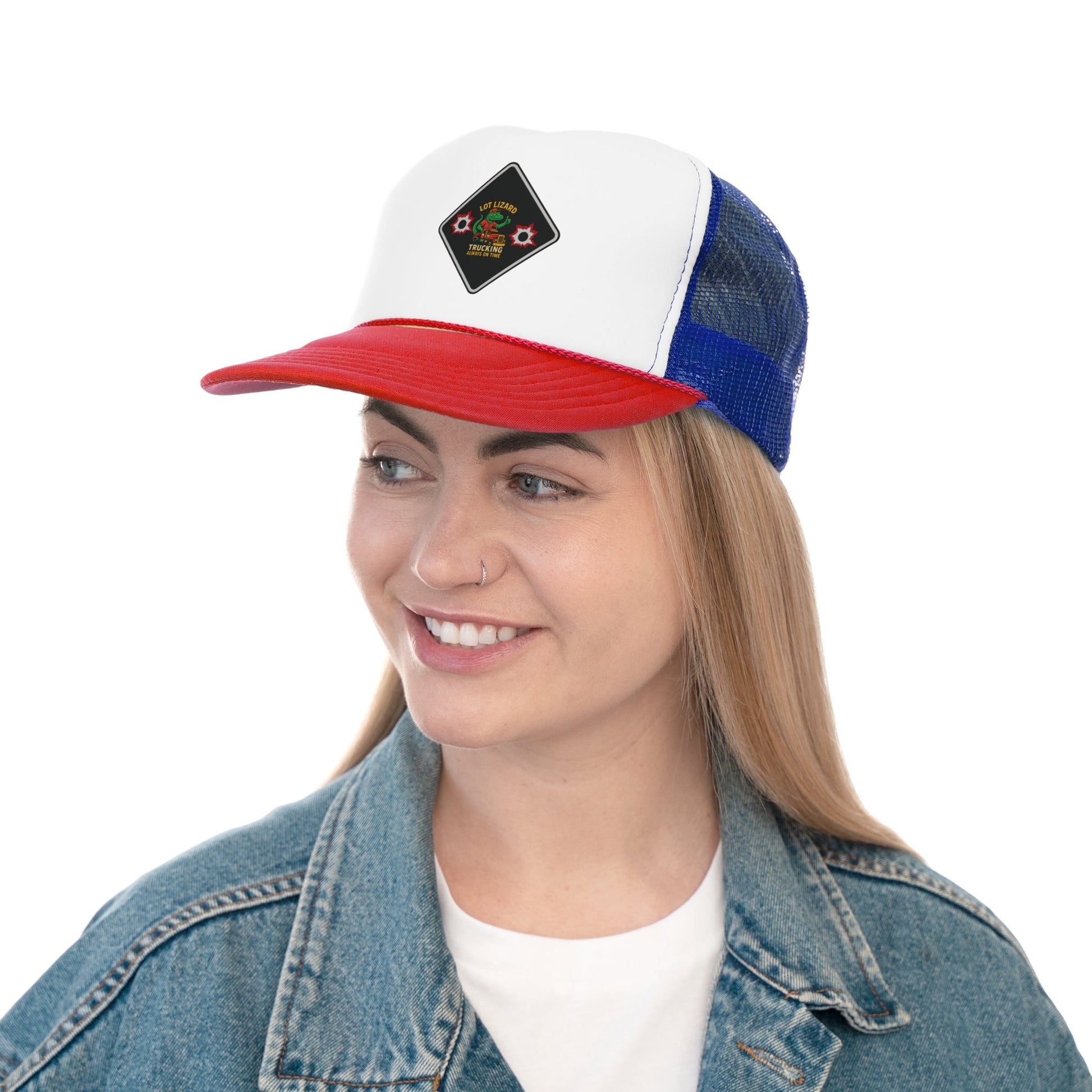 Lot Lizard Trucking Hat – Always on Time Trucker Cap | Bold Funny Road Sign Design for Diesel Junkies & Big Rig Fans – Blue/Red Hats for casual trucker (17 view)