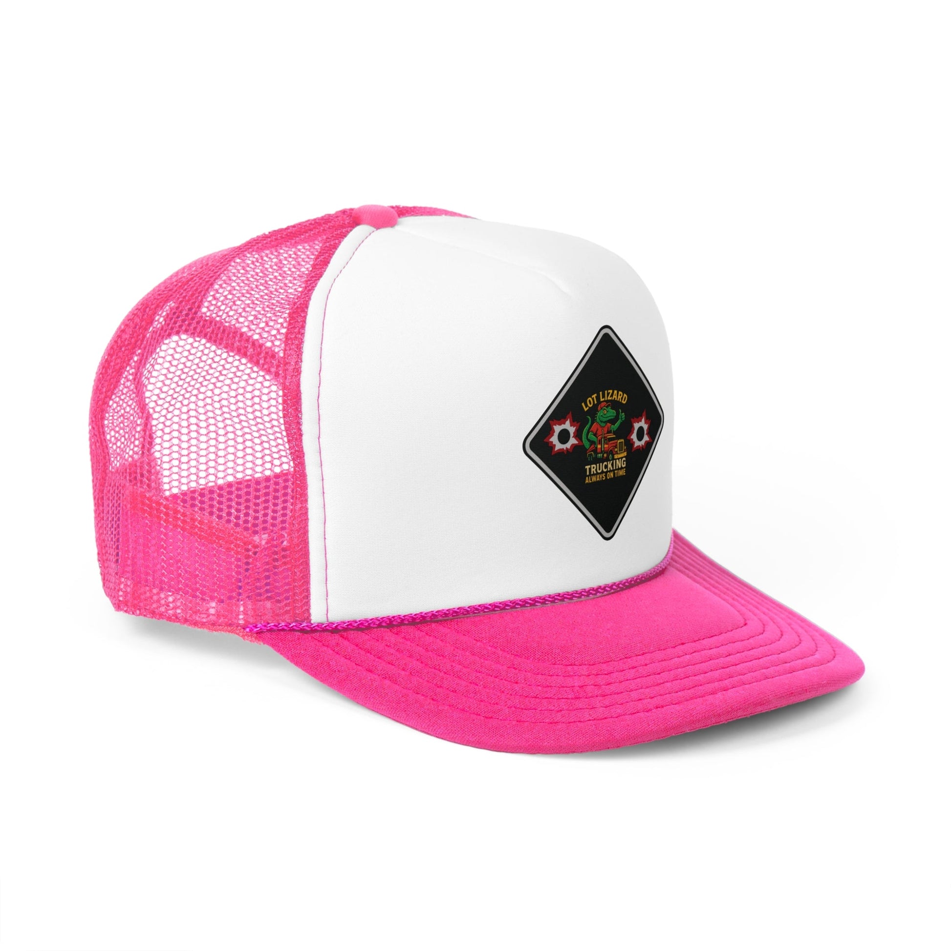 Lot Lizard Trucking Hat – Always on Time Trucker Cap | Bold Funny Road Sign Design for Diesel Junkies & Big Rig Fans – Pink Hats for casual trucker (11 view)