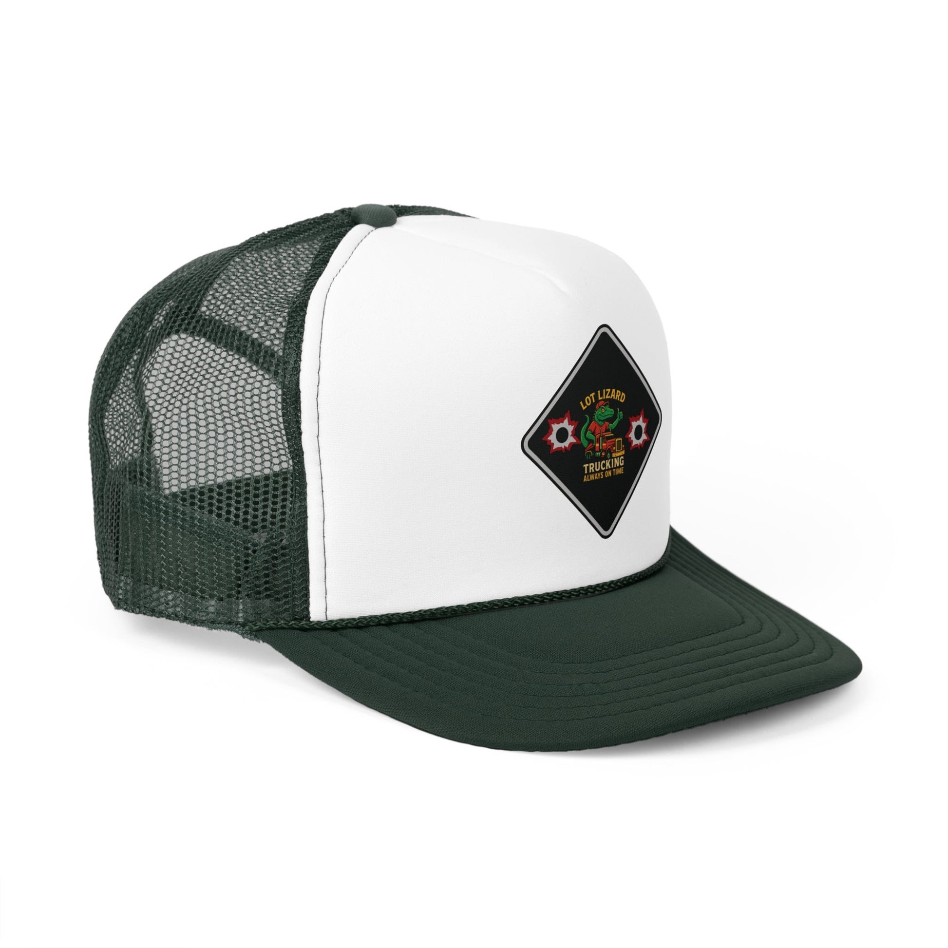 Lot Lizard Trucking Hat – Always on Time Trucker Cap | Bold Funny Road Sign Design for Diesel Junkies & Big Rig Fans – Dark Green Hats for casual trucker (19 view)