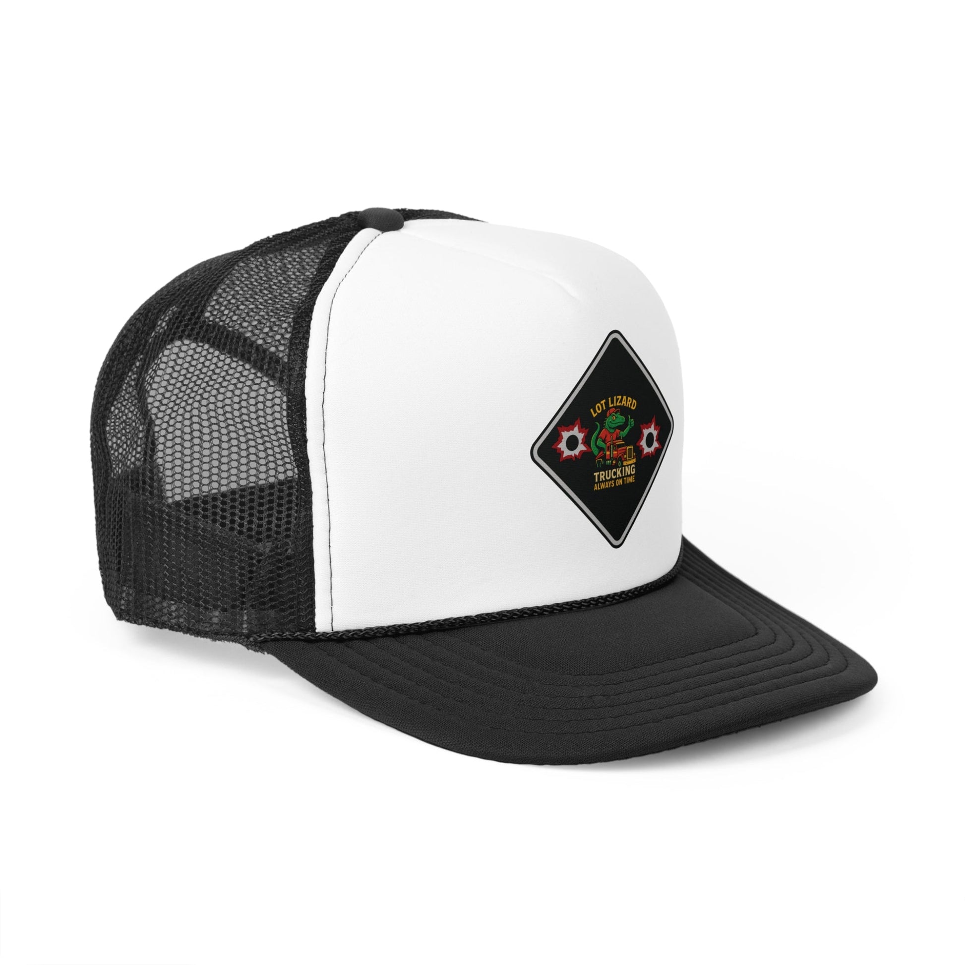 Lot Lizard Trucking Hat – Always on Time Trucker Cap | Bold Funny Road Sign Design for Diesel Junkies & Big Rig Fans – Black Hats for casual trucker (3 view)