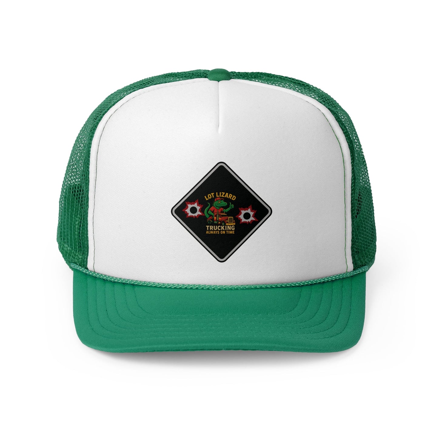 Lot Lizard Trucking Hat – Always on Time Trucker Cap | Bold Funny Road Sign Design for Diesel Junkies & Big Rig Fans – Green Hats for casual trucker (6 view)