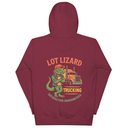 Lot Lizard Trucking Hoodie – Satisfaction Guaranteed | Funny Trucker Hoodie – Maroon Hoodie for Lizard Designs (5 view)