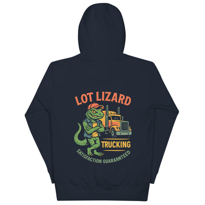 Lot Lizard Trucking Hoodie – Satisfaction Guaranteed | Funny Trucker Hoodie – Navy Blazer Hoodie for Lizard Designs (3 view)
