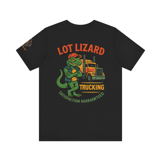 Lot Lizard Trucking Tee – Satisfaction Guaranteed | Funny Trucker Shirt – Black T-Shirt for Casual Everyday Wear (1 view)