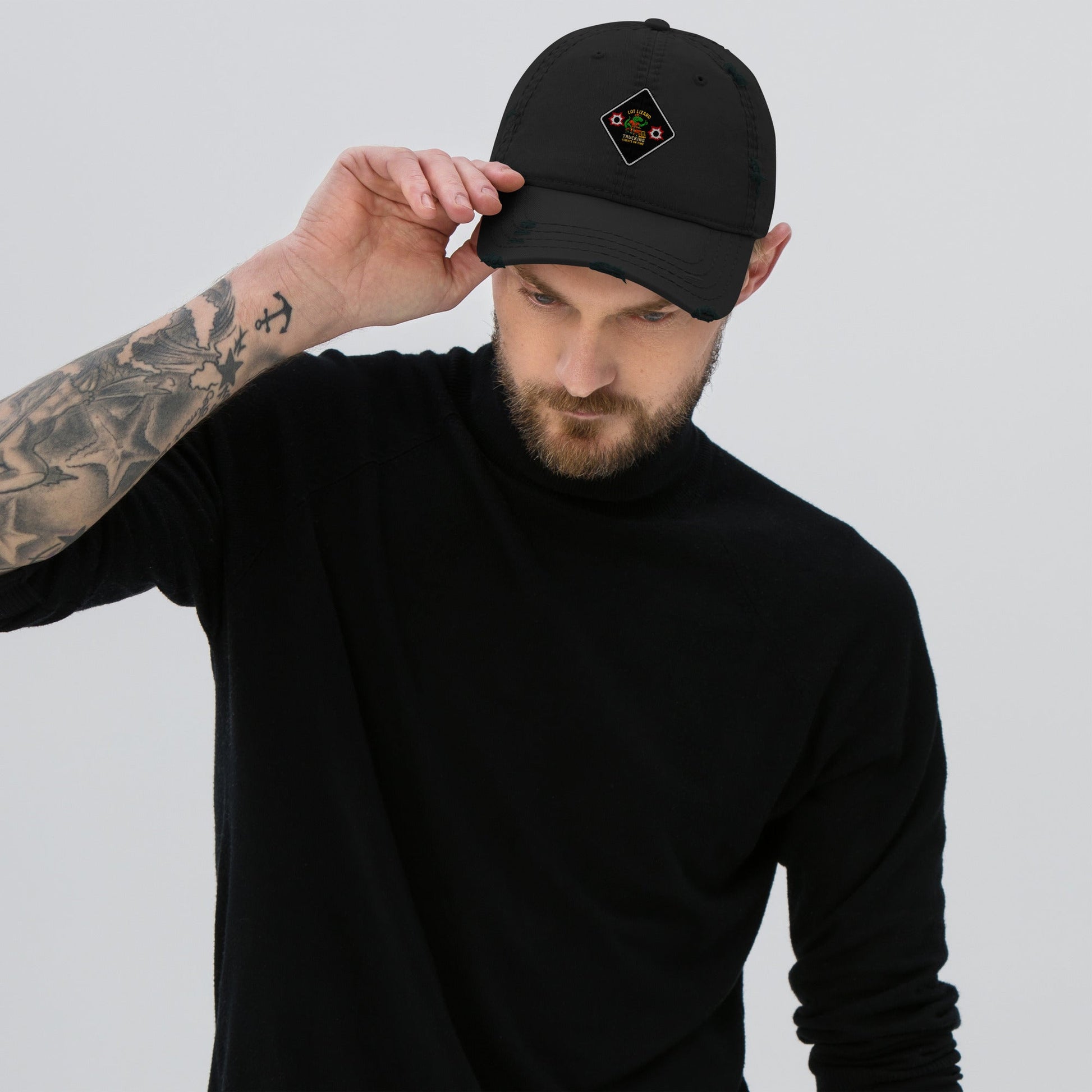 Lot Lizard Trucking Trucker Hat – Always On Time | Dark Hauler Edition Distressed Dad Hat – Black Hats for [design name] (2 view)