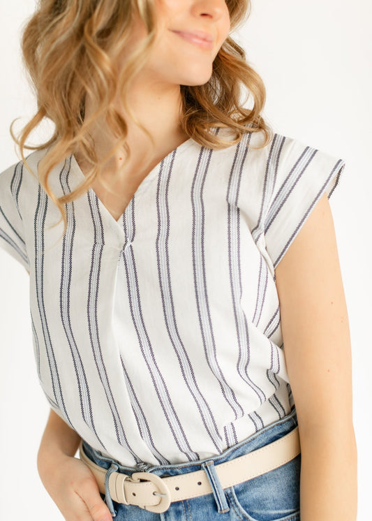Madison Striped V - neck Short Sleeve Flowy Top – XS IC Tops for glow - up collection (1 view)