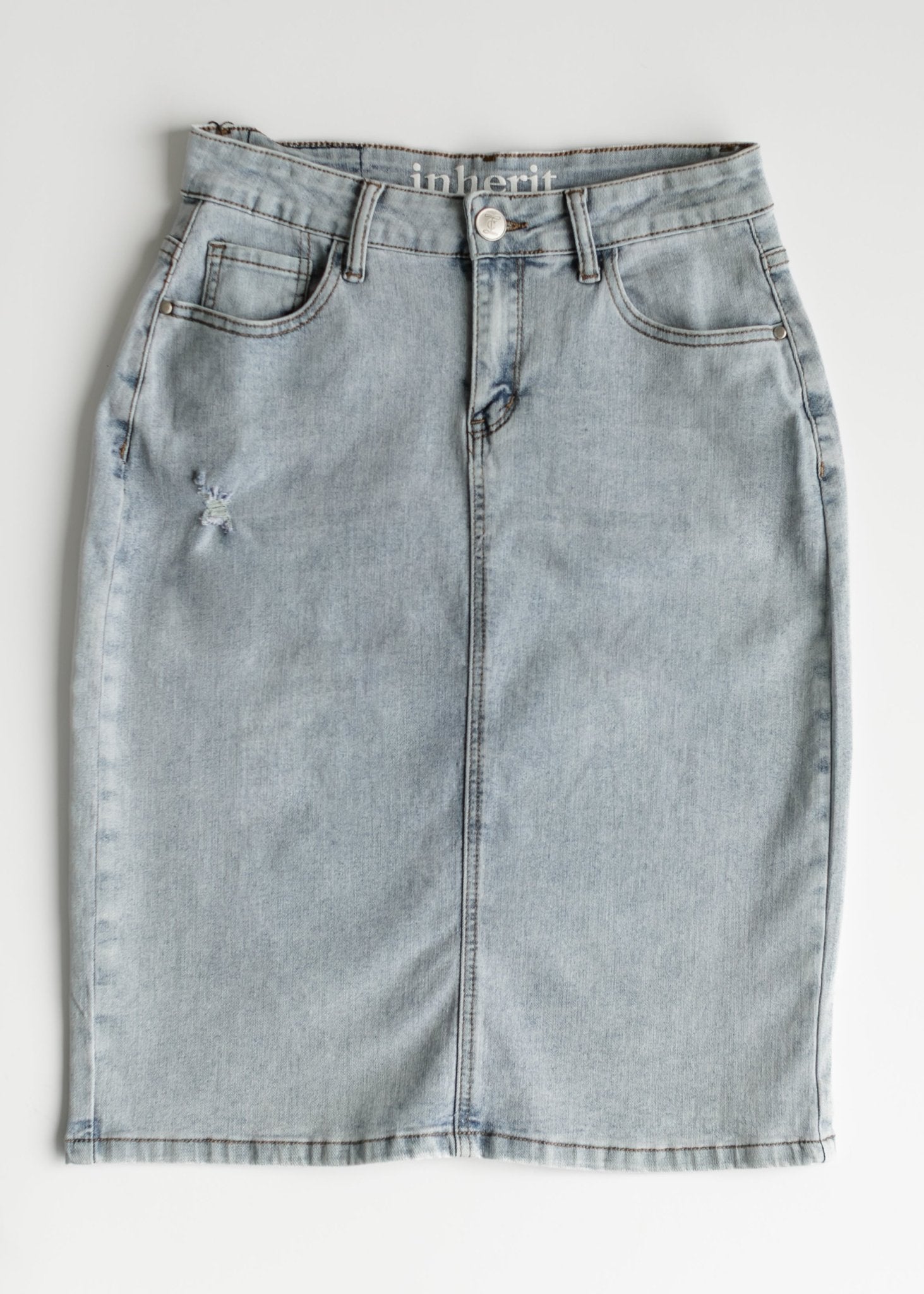 Maelia Distressed Denim Midi Skirt – 2 IC Skirts for glow - up collection (14 view)