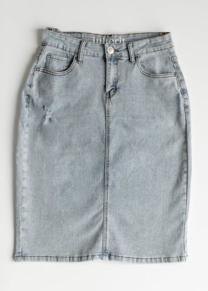 Maelia Distressed Denim Midi Skirt – 2 IC Skirts for glow - up collection (14 view)