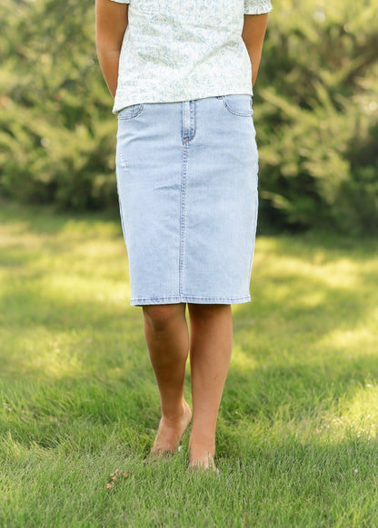 Maelia Distressed Denim Midi Skirt – 2 IC Skirts for glow - up collection (1 view)