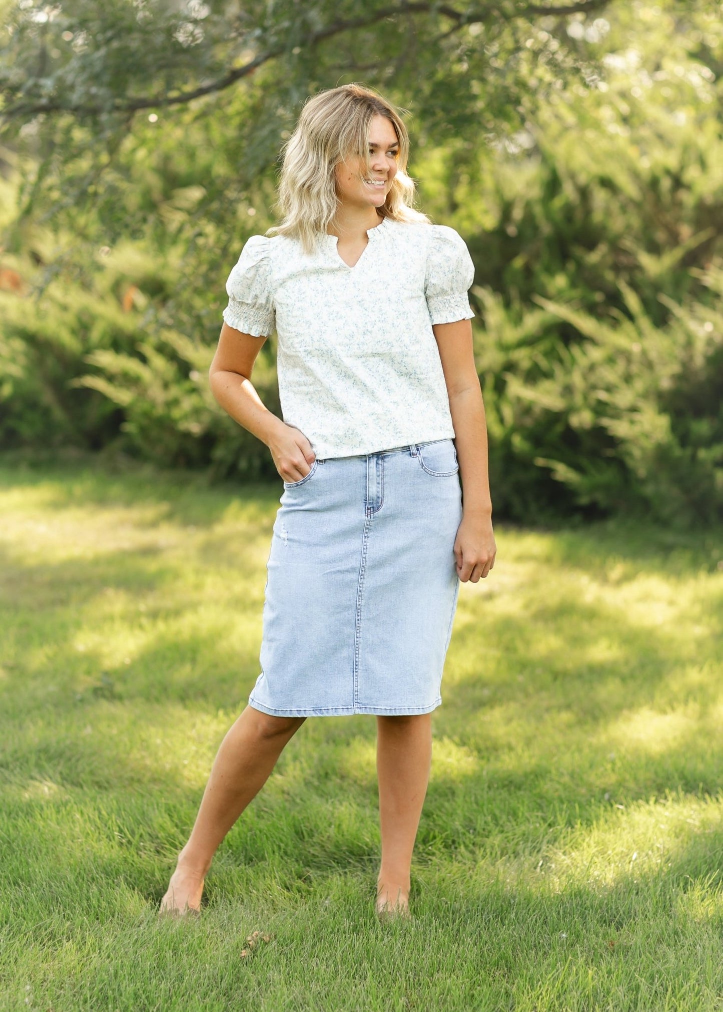 Maelia Distressed Denim Midi Skirt – 2 IC Skirts for glow - up collection (10 view)