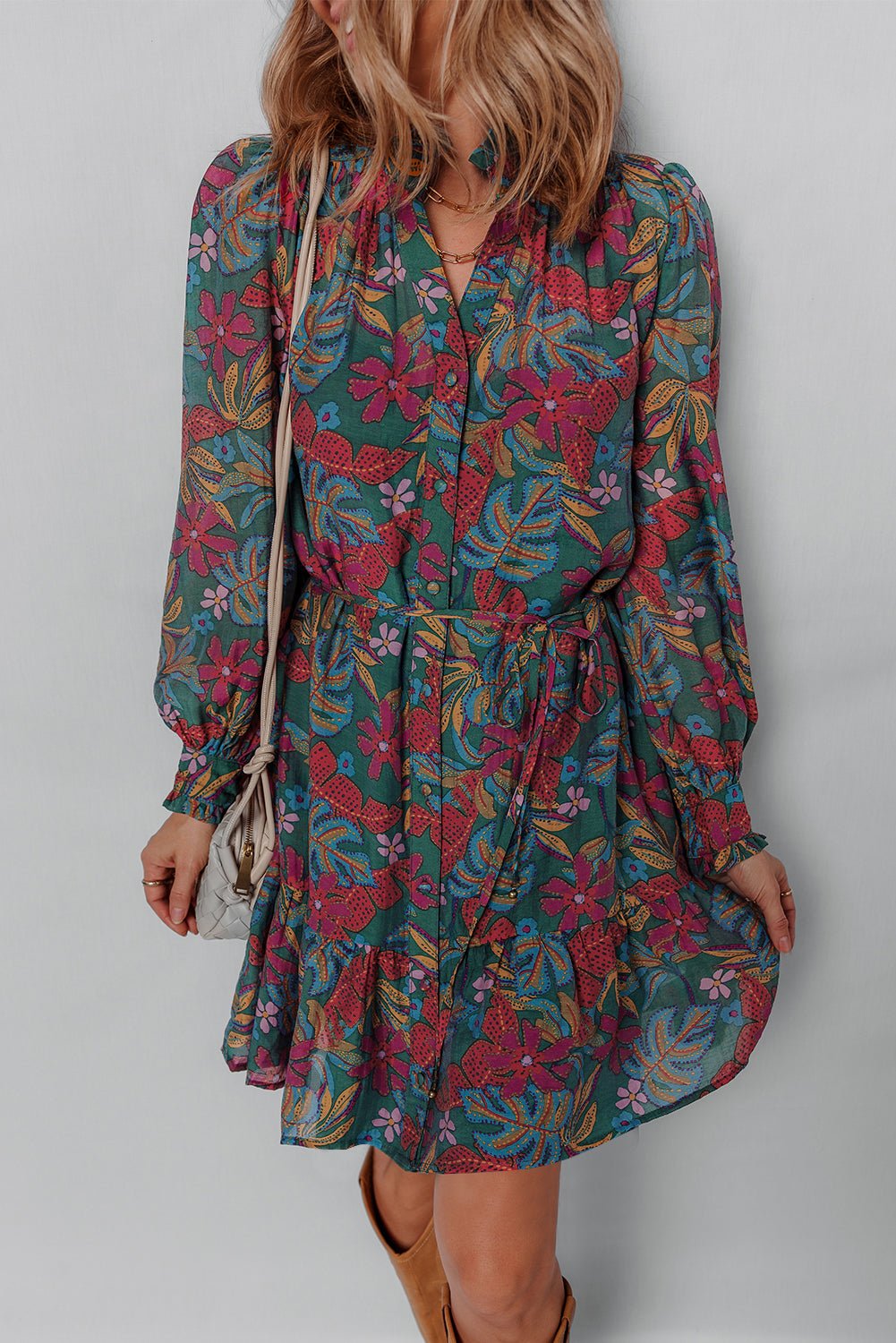 Maria Floral V Neck Puff Sleeve Dress – Green Dresses/Floral Dresses for Shopify Collective (3 view)