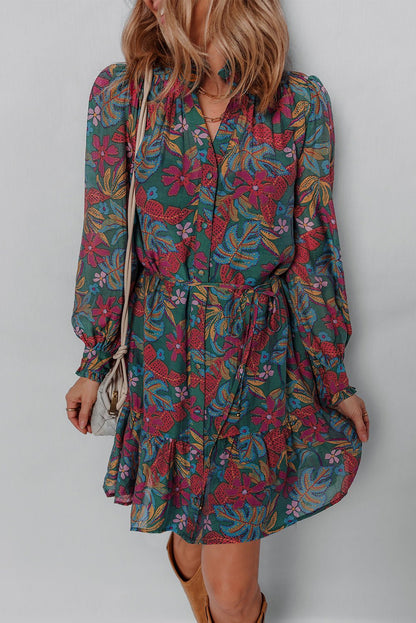 Maria Floral V Neck Puff Sleeve Dress – Green Dresses/Floral Dresses for Shopify Collective (3 view)