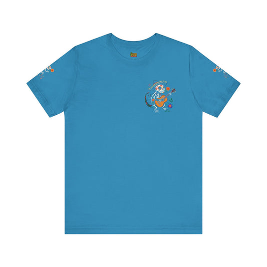 Mariachi Lizard Skeleton Tee – Day of the Dead Vibes | Halloween Graphic Shirt – Aqua T-Shirt for artsy apparel (1 view)