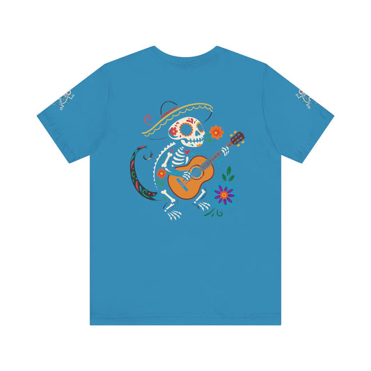 Mariachi Lizard Skeleton Tee – Day of the Dead Vibes | Halloween Graphic Shirt – Aqua T-Shirt for artsy apparel (2 view)