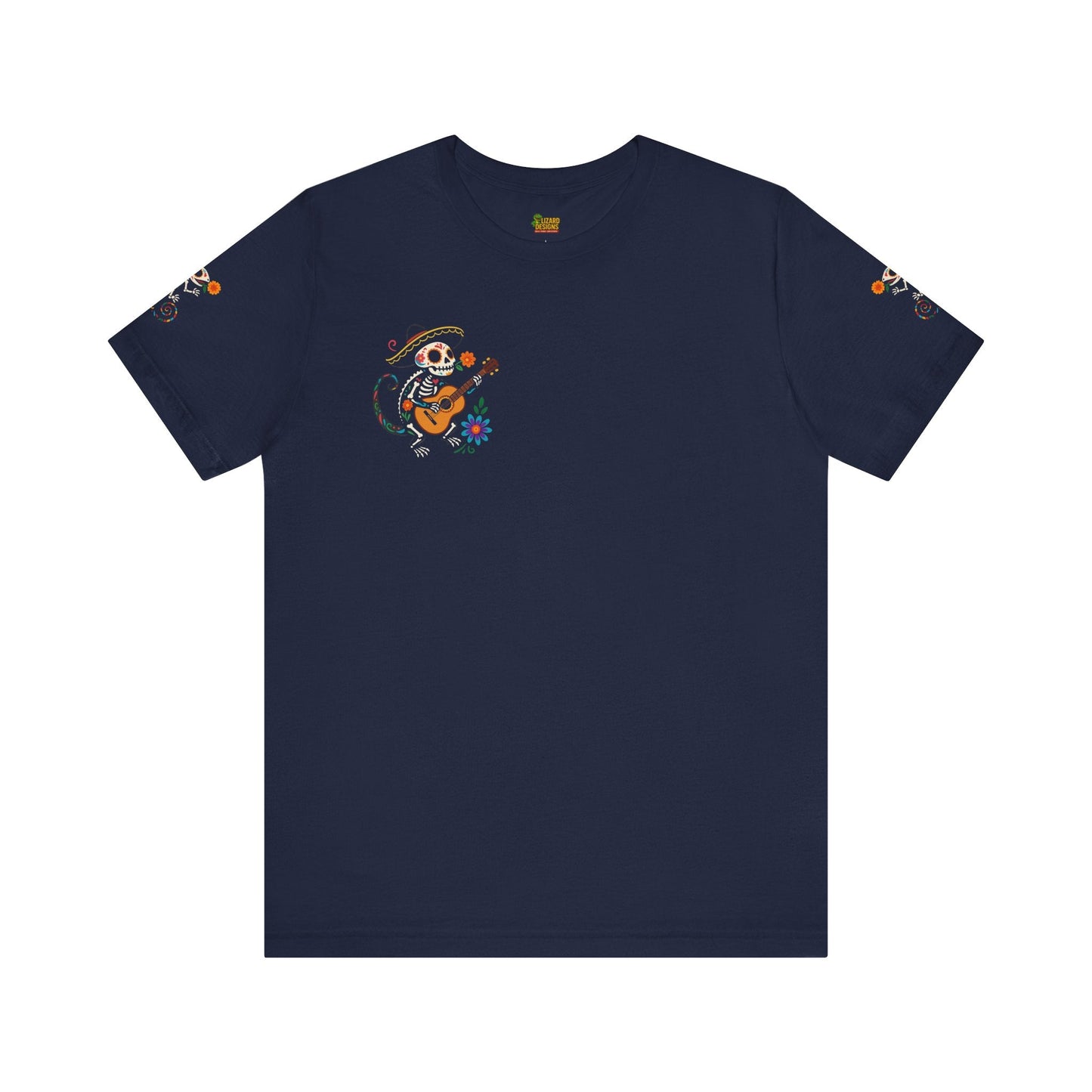 Mariachi Lizard Skeleton Tee – Day of the Dead Vibes | Halloween Graphic Shirt – Navy T-Shirt for artsy apparel (8 view)
