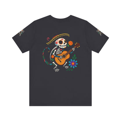 Mariachi Lizard Skeleton Tee – Day of the Dead Vibes | Halloween Graphic Shirt – Oxblood Black T-Shirt by Printify
