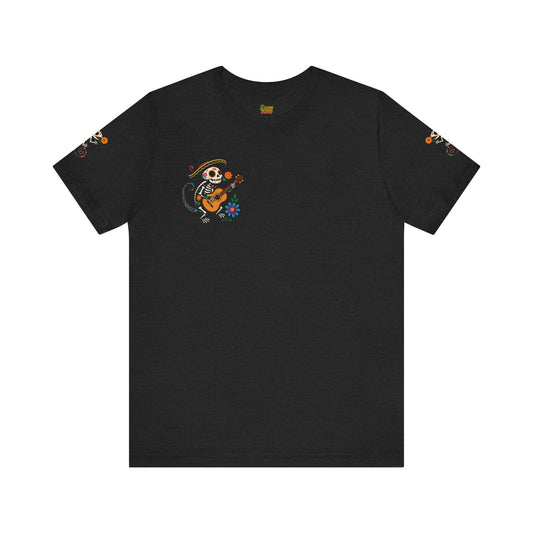 Mariachi Lizard Skeleton Tee – Day of the Dead Vibes | Halloween Graphic Shirt – Solid Black Blend T-Shirt for artsy apparel (2 view)