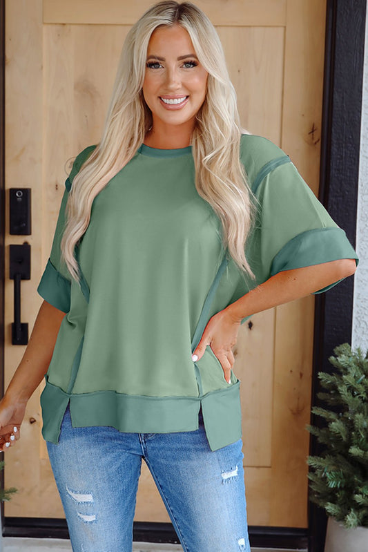 Mikaela Half Sleeve Raw Seam Split Top – Smoke Green Tops/Tops & Tees for Shopify Collective (1 view)