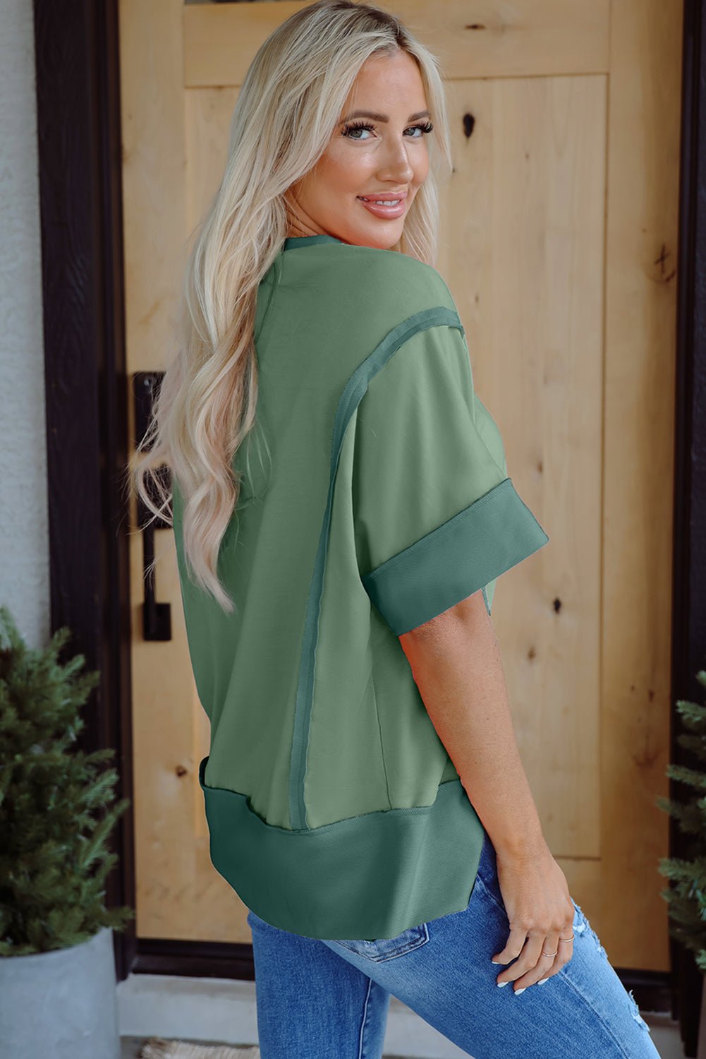 Mikaela Half Sleeve Raw Seam Split Top – Smoke Green Tops/Tops & Tees for Shopify Collective (3 view)
