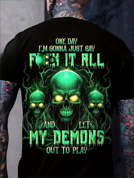 “My Demons” Skull Graphic T-Shirt – Men’s Spooky Crew Neck Tee | Halloween Casual Streetwear – Black Mens Top for edgy apparel (1 view)
