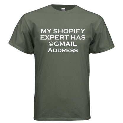 My Shopify Expert Has @Gmail Address – E - Commerce Roast Shirt | Clowns of E - Com – Heather Navy T-Shirt for agency life (124 view)