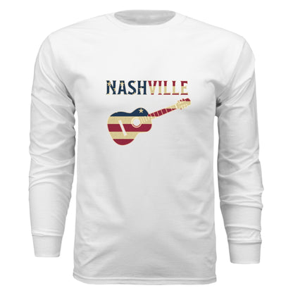 Nashville Guitar Long Sleeve Tee – Music City Pride | RM Outpost Apparel – WHITE T-Shirt for American Flag (2 view)