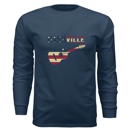Nashville Guitar Long Sleeve Tee – Music City Pride | RM Outpost Apparel – Vintage Navy T-Shirt for American Flag (1 view)