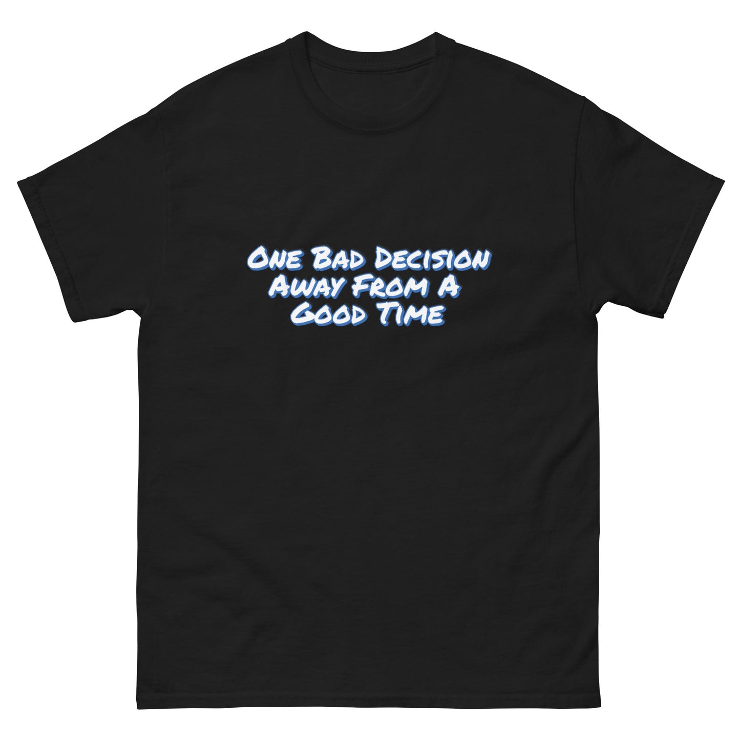 One Bad Decision Tee – Retro Party Vibes Blue | Bold Graphic Shirt – Black T-Shirt for Lizard Designs (3 view)