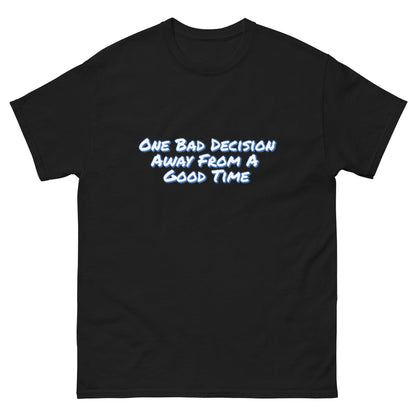 One Bad Decision Tee – Retro Party Vibes Blue | Bold Graphic Shirt – Black T-Shirt for Lizard Designs (3 view)