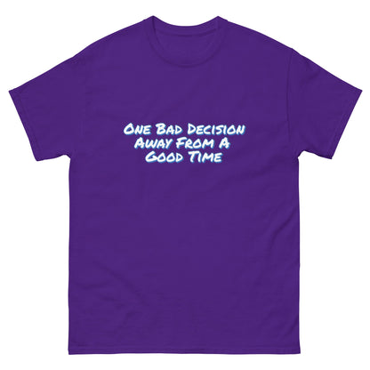 One Bad Decision Tee – Retro Party Vibes Blue | Bold Graphic Shirt – Purple T-Shirt for Lizard Designs (7 view)