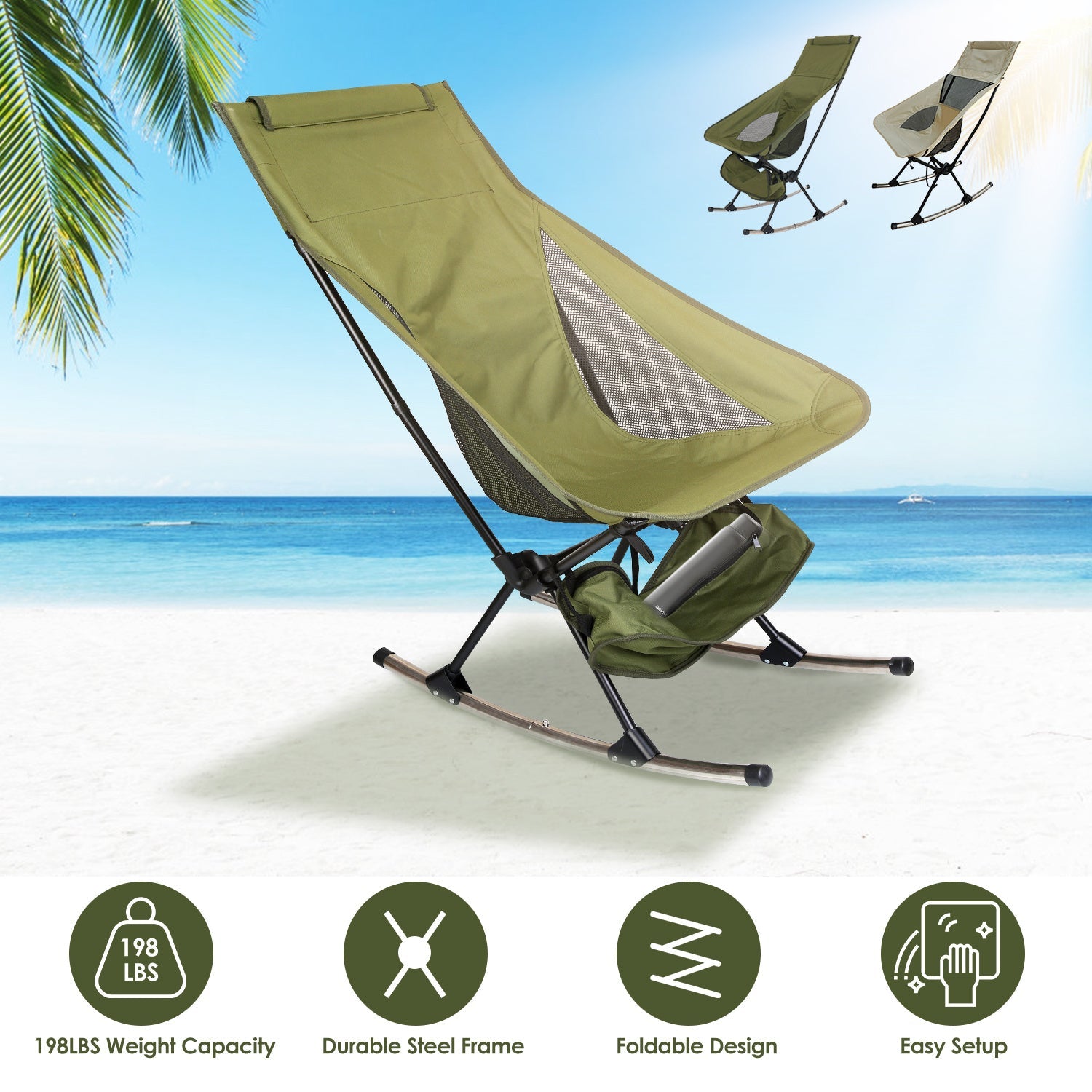 Portable Camping Rocking Chair (198 lb Capacity) – High - Back, Foldable, Carry Bag Included – Beige Camping Gear for Camping Furniture (3 view)