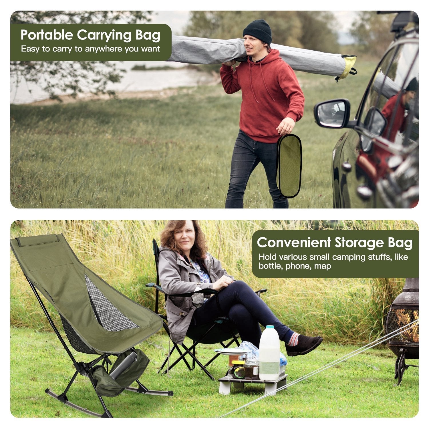 Portable Camping Rocking Chair (198 lb Capacity) – High - Back, Foldable, Carry Bag Included – Beige Camping Gear for Camping Furniture (8 view)